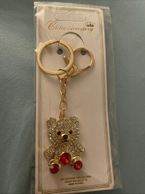 Gold Teddy Bear Keychain with Red Crystal Accents
